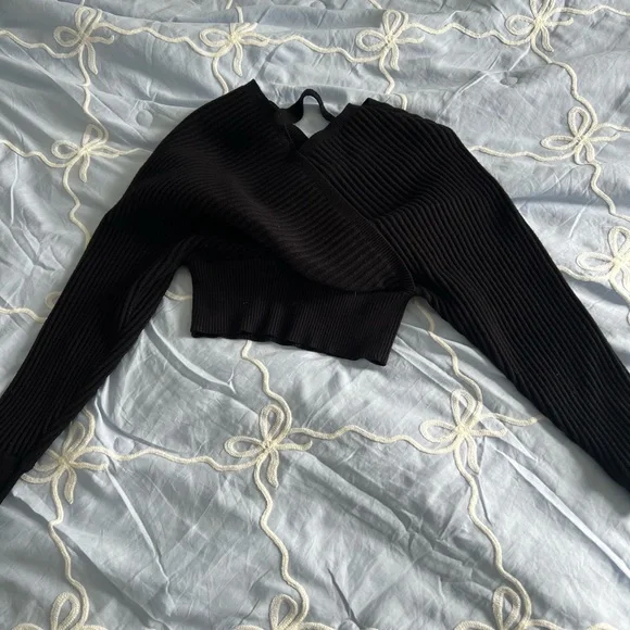 Windsor Black Ribbed Wrap-Crop Sweater - Picture 2 of 6